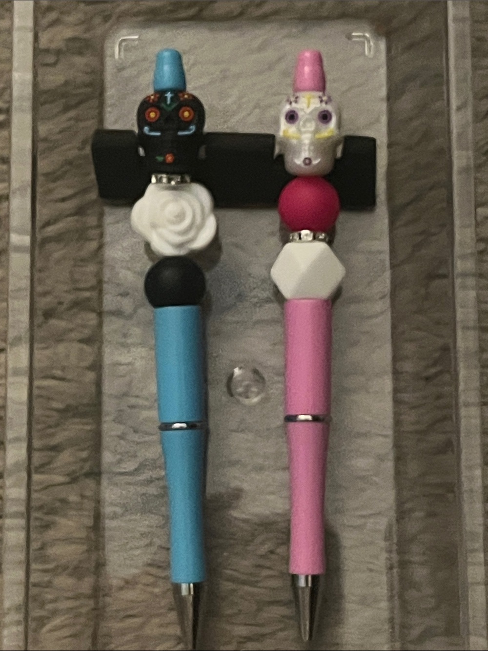 Sugar Skull 2 pc Beaded Pen Set Pink/Blue pens 3D sugar skulls festive fun 51